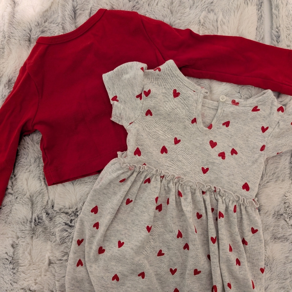 Carter's Gray Dress with Red Heart Pattern Onesie And Red Cardigan 6-9 Month Set - Picture 6 of 6
